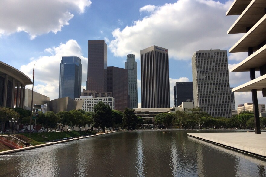 The Reflecting Pool surrounds Los Angeles Department of Water and Power's headquarters in Downtown Los Angeles
