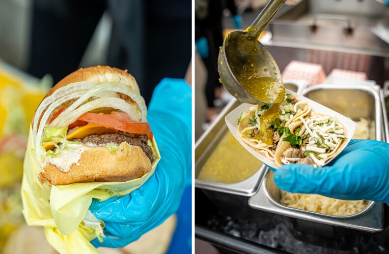 At left, a gloved hand holds a cheeseburger with onion, lettuce and tomato. At right, a ladle drizzles sauce onto a plate of tacos.