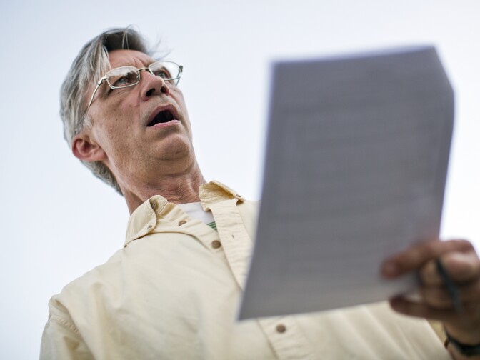 Paul Berkolds plays Orlando in chapter 28 of the mobile opera "Hopscotch." At 2:45 p.m., all the routes converge for a finale at the Central Hub in the Arts District.