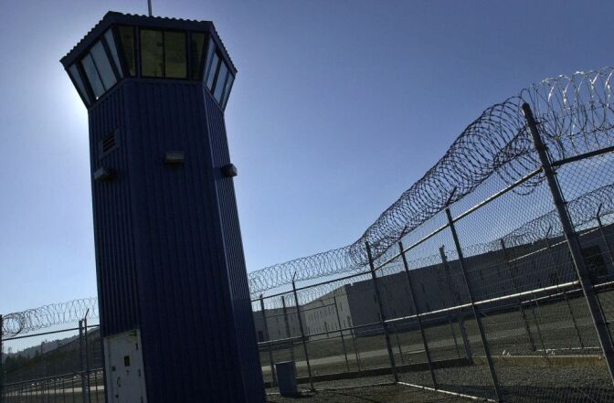 A watchtower rises above the maximum security complex Wednesday, March 7, 2001 at Pelican Bay State Prison in Crescent City, Calif. 