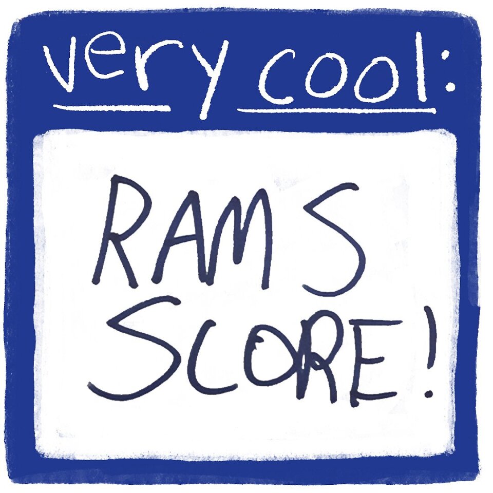 A blue outlined card reads very cool: Rams score