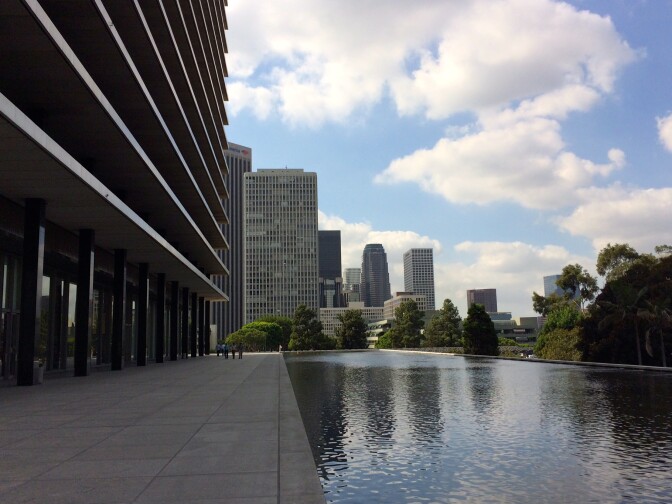 The Reflecting Pool surrounds Los Angeles Department of Water and Power's headquarters in Downtown Los Angeles
