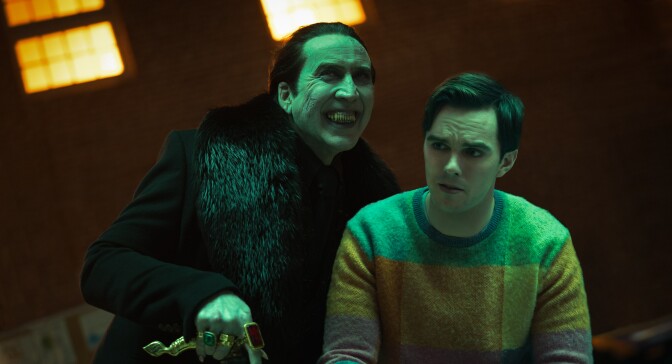 (from left) Dracula (Nicolas Cage) and Renfield (Nicholas Hoult) in Renfield, directed by Chris McKay.