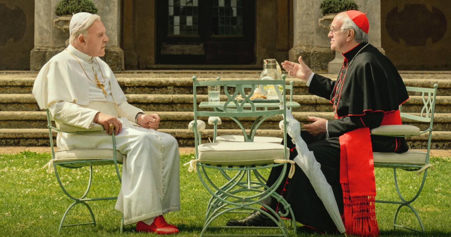 Anthony Hopkins, left, plays Pope Benedict and Jonathan Pryce is Pope Francis in "The Two Popes."