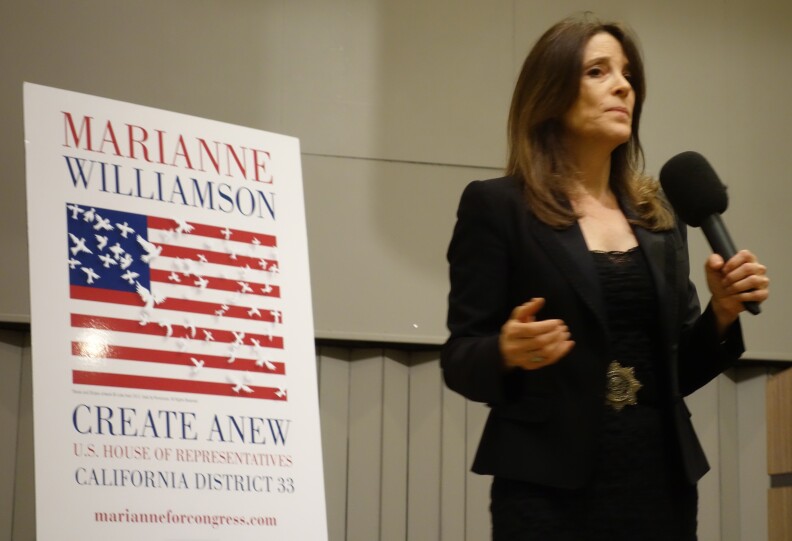 Marianne Williamson is running for Congress as an independent. As seen in this Feb. 11, 2014 photo in Rancho Palos Verdes, her campaign logo is an American flag with peace doves as the stars. 