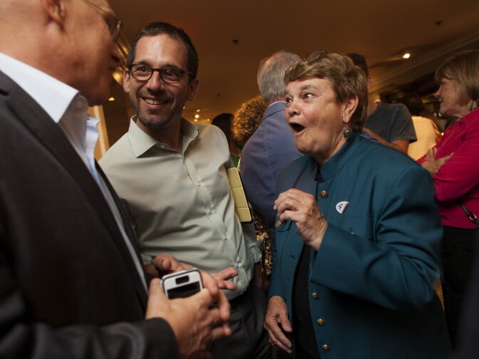 Los Angeles 3rd District supervisor candidate Sheila Kuehl, right, jokes with Los Angeles City Council Member Mike Bonin, left, and his fiancé, Sean Arian, during her campaign party at Basement Tavern in Santa Monica.