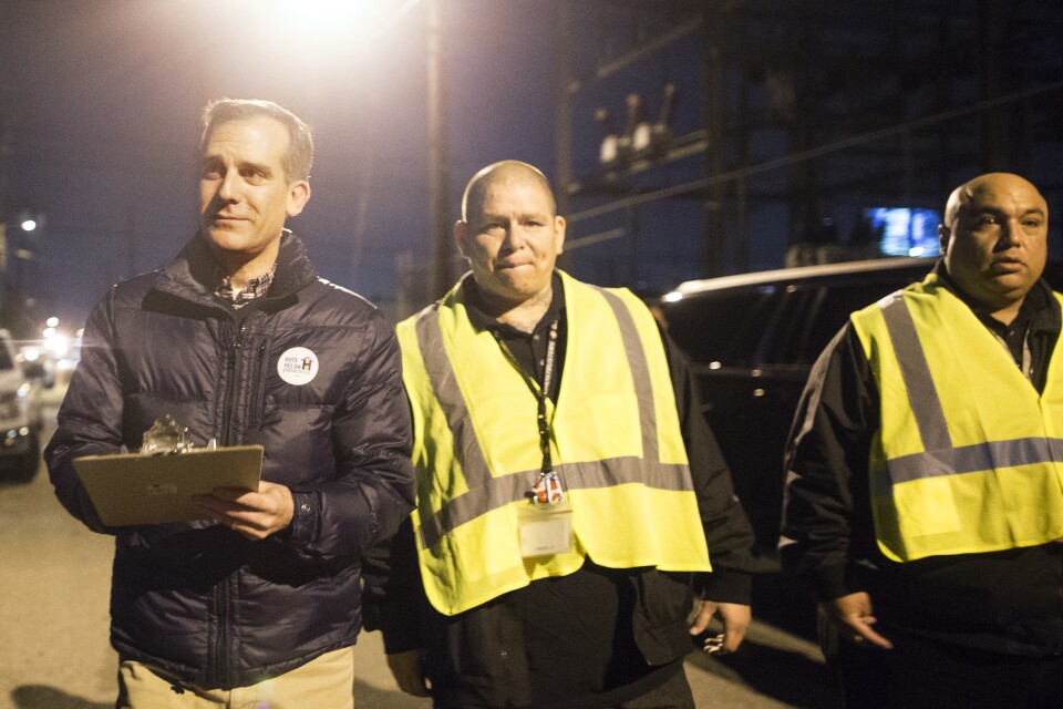 Los Angeles Mayor Eric Garcetti takes part in the 2017 Greater Los Angeles Homeless Count along Aetna Street at Tyrone Avenue in Van Nuys on Tuesday night, Jan. 24, 2017.