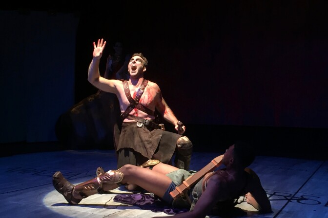 Ajax and Odysseus fight as Ajax feels betrayed by Odysseus' selection as Achilles' successor, in the play "Ajax In Iraq."
