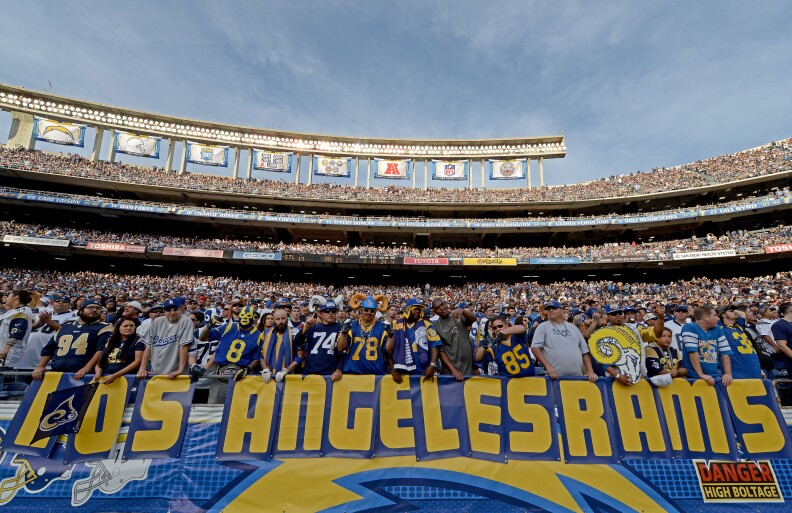 SAN DIEGO, CA - NOVEMBER 23:   Fans of the St. Louis Rams hold a "Los Angeles Rams" sign against the San Diego Chargers during their NFL Game on November 23, 2014 in San Diego, California. (Photo by Donald Miralle/Getty Images)