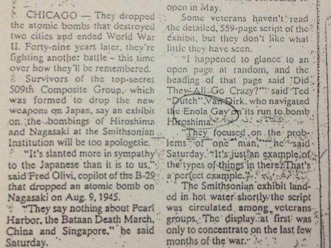 A headline that missed the distinction - "Atomic Bombers Criticize Enola Homosexual Exhibit"