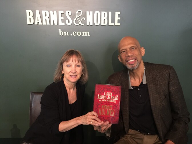 Anna Waterhouse and Kareem Abdul-Jabbar with their first novel, "Mycroft Holmes," the backstory of Sherlock Holmes smarter older brother.