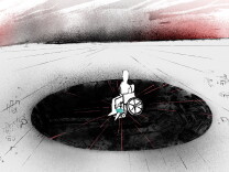 A mostly black and white illustration of a vast, impressionistic landscape with a broad black hole or circle in the middle. A person with no discernible features sits in a wheelchair in the middle of the circle with a blue GPS bracelet strapped around their left ankle. The sky in the distance is black and red.