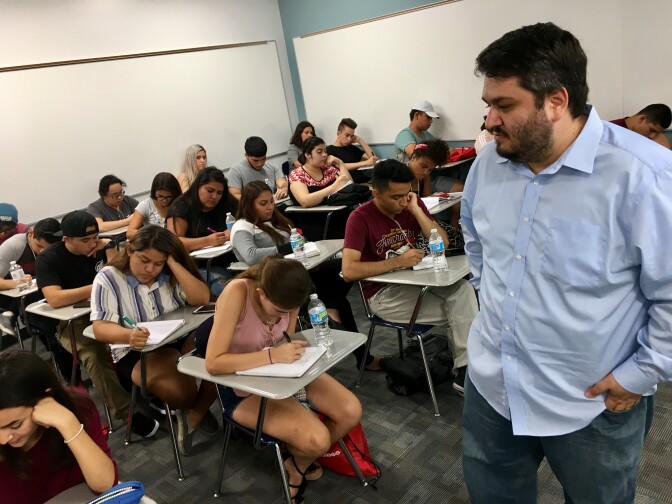 Pierce College math professor Eddie Tchertchian gives L.A. College Promise students test taking tips weeks before their first day of class.