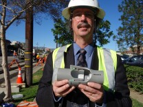 DWP engineer Craig Davis is an expert on earthquake-resistant pipe, and worked for more than a decade to get Los Angeles to test it in five locations. He shows a cutaway section of the pipe Feb. 11, 2015.