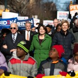 COLUMBIA, SC - JANUARY 20: Democratic presidential candidates, former Vice President Joe Biden, left, Sen. Amy Klobuchar (D-MN), Sen. Elizabeth Warren (D-MA), and Sen. Bernie Sanders (I-VT), right, march down Main St. to the King Day at the Dome event on January 20, 2020 in Columbia, South Carolina. The event, first held in 2000 in opposition to the display of the Confederate battle flag at the statehouse, attracted more than a handful of Democratic presidential candidates to the early primary state. (Photo by Sean Rayford/Getty Images)