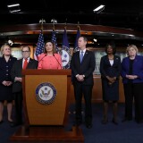 WASHINGTON, DC - JANUARY 15: U.S. Speaker of the House Nancy Pelosi (D-CA) (C) announces the appointment of (L-R) Rep. Hakeem Jeffries (D-NY), Rep. Sylvia Garcia (D-TX), Rep. Jerrold Nadler (D-NY), Rep. Adam Schiff (D-CA), Rep. Val Demings (D-FL), Rep. Zoe Lofgren (D-CA) and Rep. Jason Crow (D-CO) as managers of the Senate impeachment trial of President Donald Trump at the U.S. Capitol January 15, 2020 in Washington, DC. The House of Representatives is scheduled to vote to send the articles of impeachment to the Senate later in the day and Senate Majority Leader Mitch McConnell (R-KY) said the trial will begin next Tuesday. (Photo by Chip Somodevilla/Getty Images)
