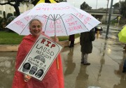 Michelle Levin, a teacher at Daniel Webster Middle School in west Los Angeles, says she teaches 33 students per class — which is low for L.A. Unified School District standards. On the first day of the teachers' strike, Levin walked the picket line outside the school where she teaches holding her "picket umbrella" in addition to her traditional picket sign.