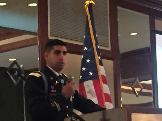 Medal of Honor recipient Captain Florent Groberg speaks at an Association of the United States Army luncheon in Los Angeles.