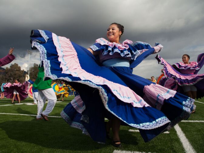 Dancers from El Ballet Salvador accompany El Banda Salvador at Duarte High School. The performance troupe and band arrived in the states on December 27th, 2012 and will perform in the Rose Parade on January 1st, 2013.