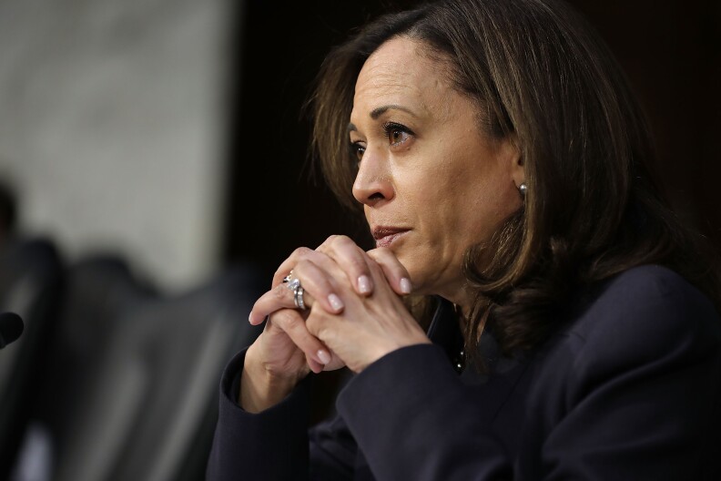 Senate Judiciary Committee member Sen. Kamala Harris (D-CA) questions witnesses during a hearing about the massacre at Marjory Stoneman Douglas High School on 14, 2018 in Washington, DC.