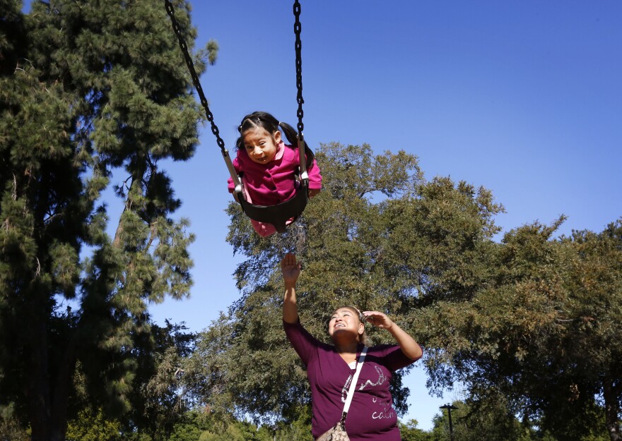 A woman wearing a dark purple blouse with a gold crossbody bag pushes her daughter on the swing.