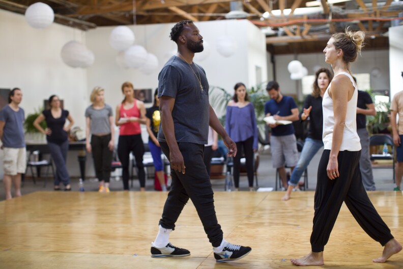 Baron Davis, left, and Bertie take part in a beat exercise during the final day of her three-day filmmaking lab inside her Hollywood studio on Sunday, May 3, 2015.