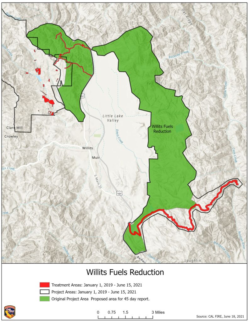 The Willits Fuel Reduction topographic map shows a large area in green indicating the original project area and only small areas of red lines showing actual treatment zones.