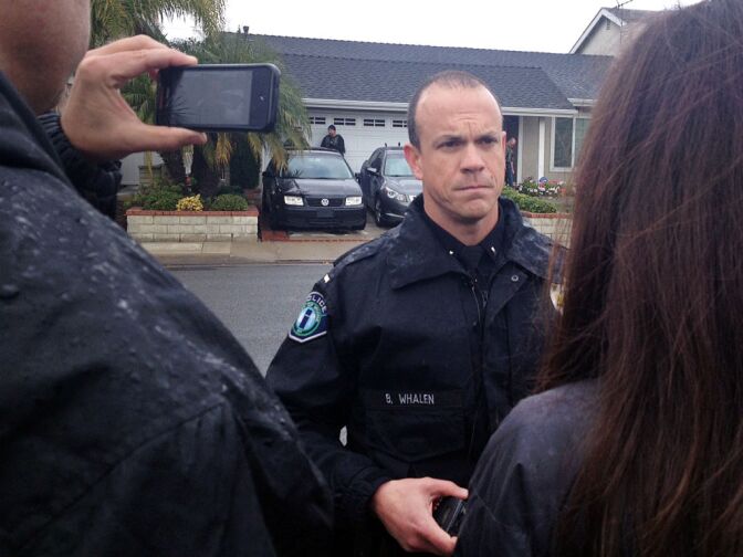 Lt. Bill Whalen of the Irvine Police Department speaks to the media as authorities search Christopher Dorner's La Palma home for evidence on Friday morning.