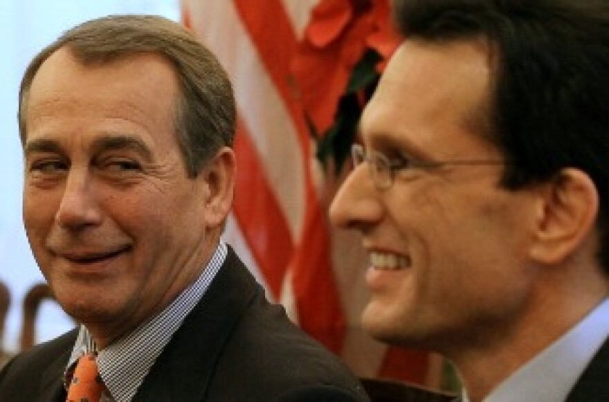 House Speaker-designate John Boehner and House Majority Leader-elect Eric Cantor participate in a media briefing after GOP leaders met at the White House with U.S. President Barack Obama on November 30, 2010 in Washington, DC.