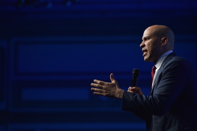 LAS VEGAS, NEVADA - NOVEMBER 17:  Democratic presidential candidate, U.S. Sen. Cory Booker (D-NJ) speaks during the Nevada Democrats' "First in the West" event at Bellagio Resort & Casino on November 17, 2019 in Las Vegas, Nevada. The Nevada Democratic presidential caucuses is scheduled for February 22, 2020.  (Photo by David Becker/Getty Images)