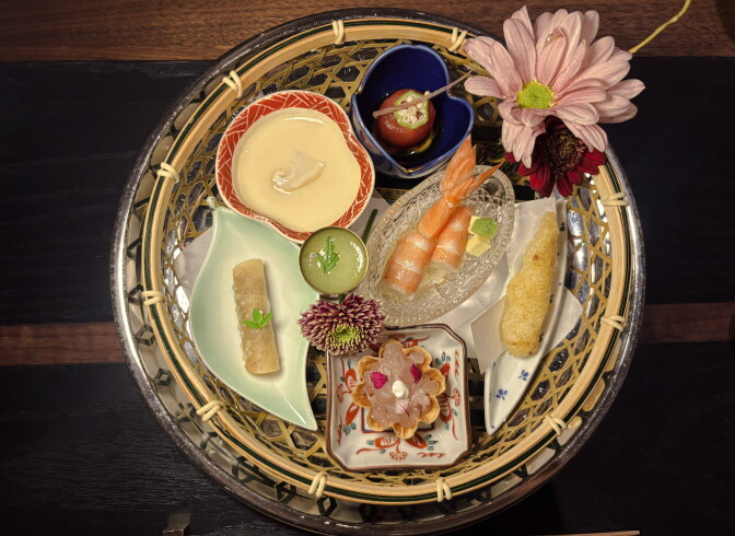 The zensai course arrives as a bamboo basket of small bites, including a beef taquito, shrimp and chawanmushi converging the styles of both traditonal Japanese kaiseki and the personal influences of L.A. dining.  