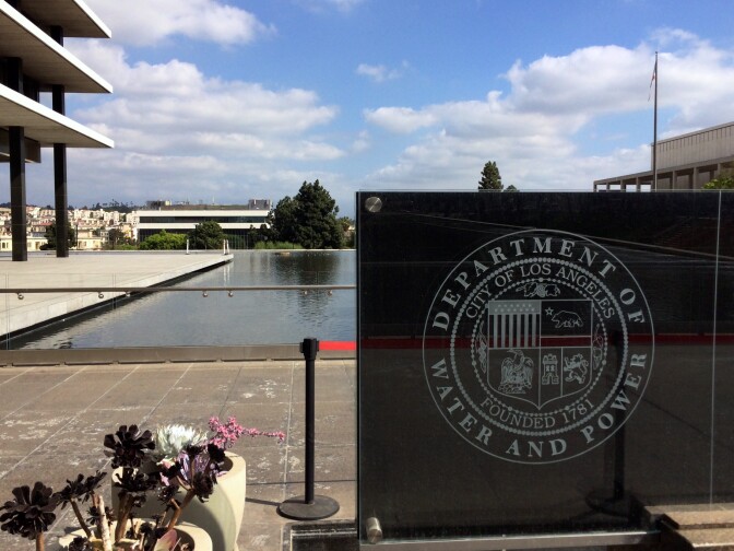 The Reflecting Pool surrounds Los Angeles Department of Water and Power's headquarters in Downtown Los Angeles