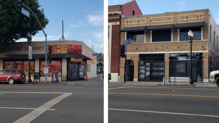 A photo of two buildings in side-by-side pictures. They're in Highland Park, the left building is a corner market, the right is a brown brick building along Figueroa Street.