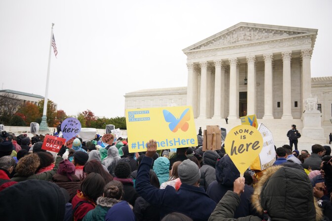 Immigration rights activists take part in a rally in front of the US Supreme Court in Washington, DC on November 12, 2019. - The US Supreme Court hears arguments on November 12, 2019 on the fate of the "Dreamers," an estimated 700,000 people brought to the country illegally as children but allowed to stay and work under a program created by former president Barack Obama.Known as Deferred Action for Childhood Arrivals or DACA, the program came under attack from President Donald Trump who wants it terminated, and expired last year after the Congress failed to come up with a replacement. (Photo by MANDEL NGAN / AFP) (Photo by MANDEL NGAN/AFP via Getty Images)