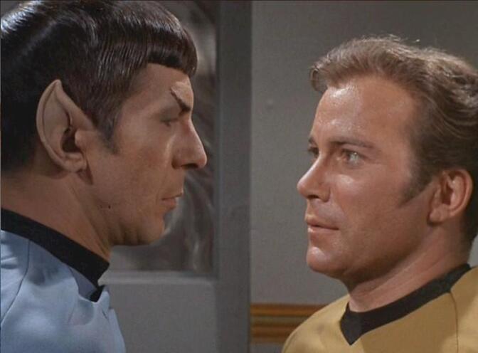 Leonard Nimoy as Spock (L) and William Shatner as Captain Kirk on the TV series "Star Trek." Fan fiction of romance between Kirk and Spock were first called "K/S. Eventually that "slash" became known as its own genre where two male characters from any known work are thrown together.