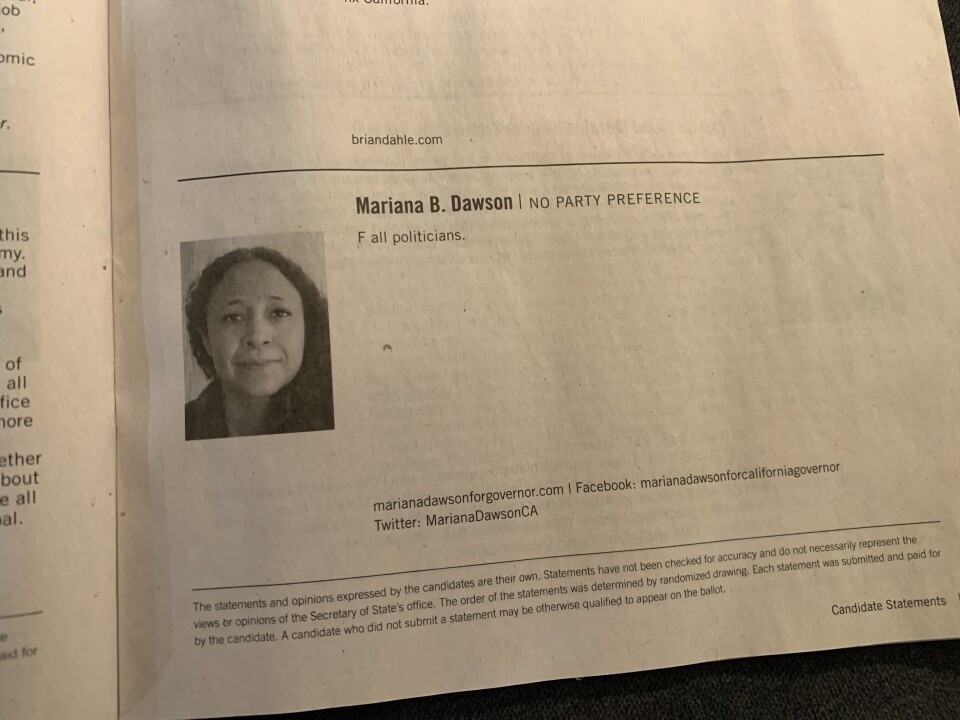 A candidate statement from the June 2022 primary statewide voter information guide. The name reads Mariana B. Dawson, No Party Preference. Underneath reads: "F all politicians."
