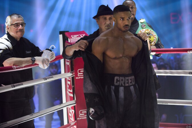 Jacob 'Stitch' Duran as Stitch-Cutman, Sylvester Stallone as Rocky Balboa, Michael B. Jordan as Adonis Creed and Wood Harris as Tony 'Little Duke' Burton in MGM & Warner Bros' "Creed II" 