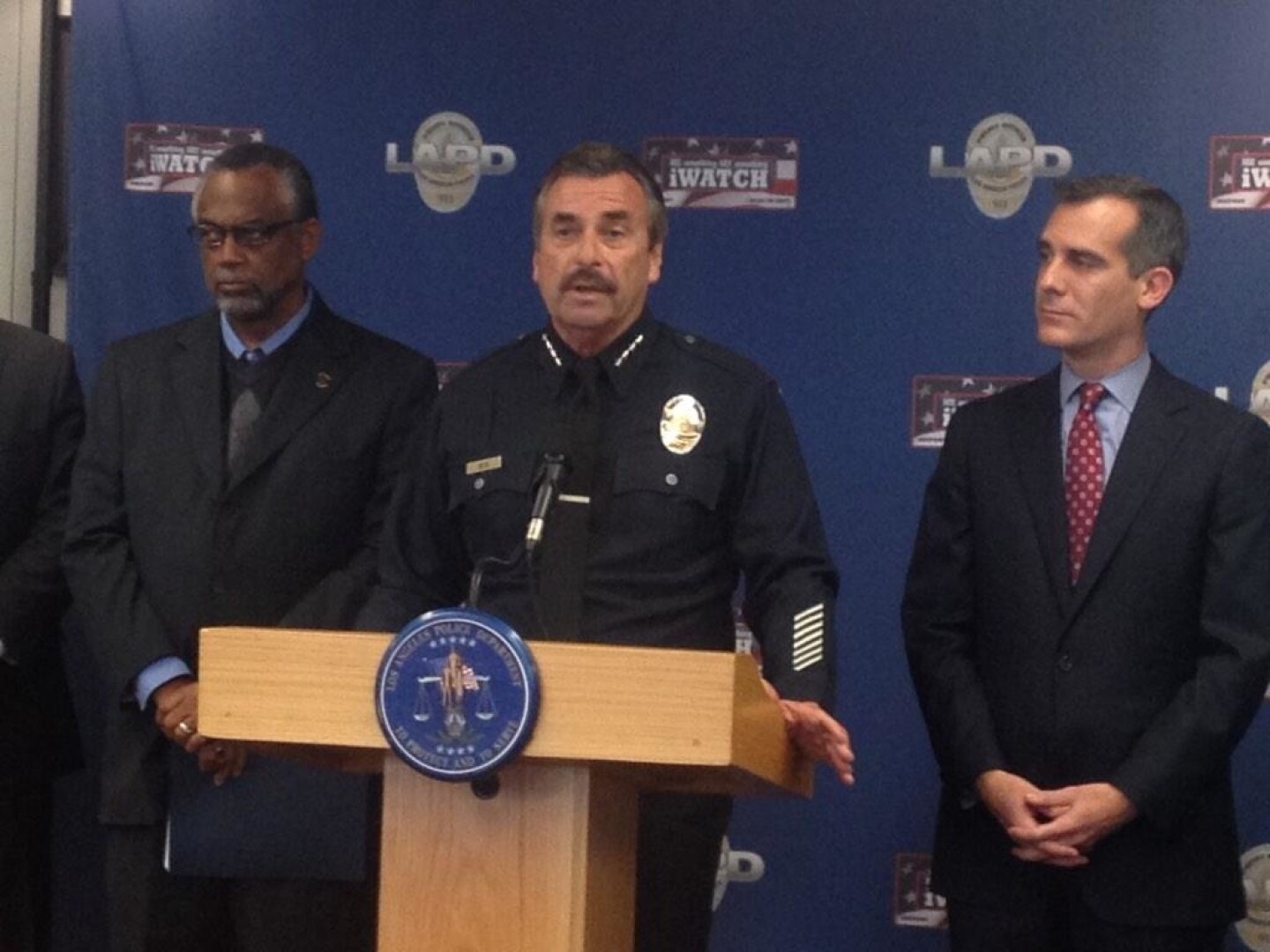 LAPD Chief Charlie Beck addresses the media at a press conference over the Ezell Ford shooting.