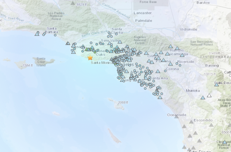 Triangles and circles indicate locations where people reported feeling the quake with the most along the coast near Santa Monica.