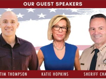 A picture of Pastor Tim Thompson in a dark button-down shirt on the left, Katie Hopkins in a blue blouse in the middle, and Sheriff Chad Bianco in his uniform on the right.