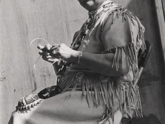 Photograph of Mabel McKay demonstrating basketweaving. Loan courtesy of Sharon Rogers and Marshall McKay.