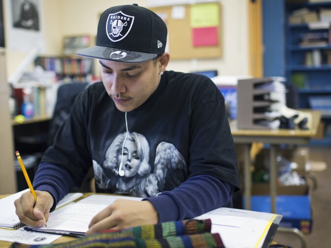 Raymond Zambrano, 18, attends U.S. History at Owensmouth Continuation School in Canoga Park on March 19, 2015. Zambrano was 14 when he first landed in juvenile detention. He has been in and out of incarceration ever since.