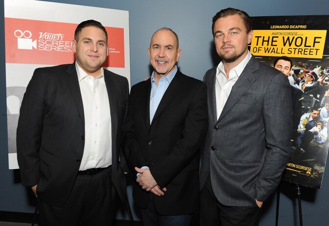 Actor Jonah Hill, writer Terence Winter and actor Leonardo DiCaprio attend the 2014 Variety Screening Series of 'The Wolf of Wall Street' at ArcLight Hollywood on February 10, 2014 in Hollywood, California.  