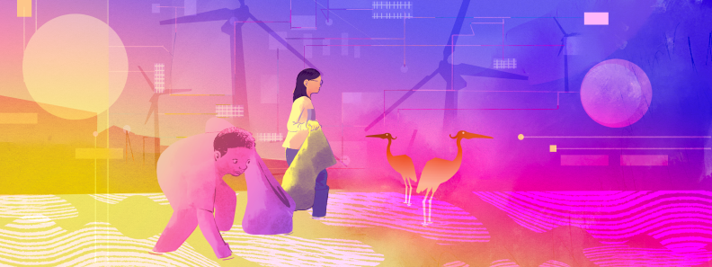 An illustration of two kids picking up trash in the Los Angeles River; one kid is stooped over to fish out something in the water while the other kid, wearing glasses, eyes two herons in the water with them. Industrial buildings and grid lines can be seen in the background against a Los Angeles sunset.