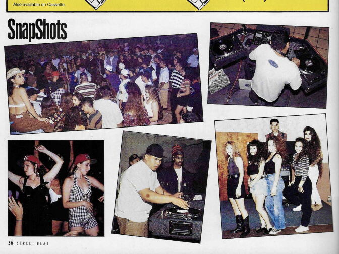 Five photos on a magazine page show people dancing at parties and two male presenting people playing vinyl records.