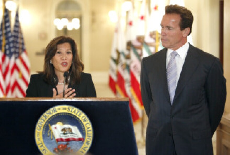 Judge Tani Cantil-Sakauye, left, talks about her nomination as the next Chief Justice of the California Supreme Court as Gov. Arnold Schwarzenegger listens during a ceremony at the Capitol in Sacramento, Calif., on Thursday, July 22, 2010. 