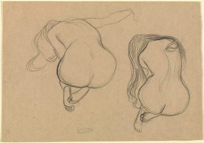 Two Studies of a Seated Nude with Long Hair, about 1901–2, Gustav Klimt, black chalk and red pencil. 