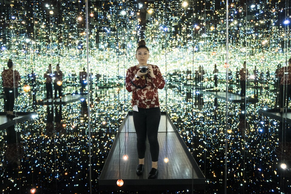 KPCC Visual Journalist Maya Sugarman takes pictures inside The Broad's own installation, "Infinity Mirror Room – The Souls of Millions of Light Years Away." Five more mirror rooms by Yayoi Kusama's will be on view in a special exhibition that opens on Saturday at The Broad.