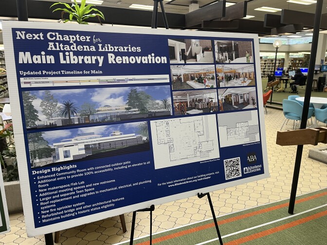 A large posterboard sign with renderings and a title that reads: "Next Chapter for Altadena Libraries: Main Library Renovation."
