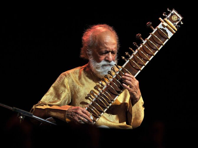 Renown Indian Sitar maestro, Pandit Ravi Shankar plays during the "Premaanjali Festival 2012" a musical concert held at the Palace Grounds in Bangalore on February 7, 2012.